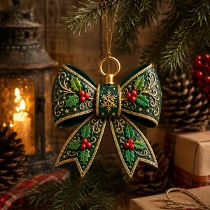 May include: A dark green bow-shaped Christmas ornament featuring embossed holly leaves, bright red berries, and gold filigree detailing. A gold snowflake is centered on the knot, and a gold hanging loop is attached to the top of the ornament.