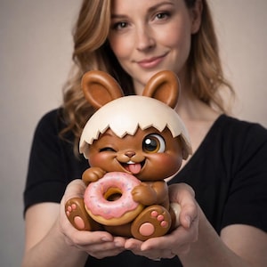 Archivo STL de conejito de Pascua chibi / Lindo conejito sosteniendo una dona para impresión 3D / Conejito de chocolate kawaii STL / Figura de conejito de cáscara de huevo