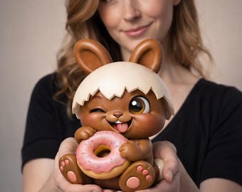 Chibi Easter Bunny STL File | Cute Bunny Holding Donut 3D Print | Kawaii Chocolate Bunny STL | Eggshell Bunny Figurine