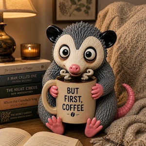 Könnte beinhalten: Eine grau-weiße Opossum-Figur mit großen schwarzen Augen und rosa Pfoten, die eine beige Keramiktasse hält. Auf der Tasse steht der schwarze Text "BUT FIRST, COFFEE" mit einem kleinen Kaffeebohnen-Symbol. Dampf steigt aus der Tasse auf.