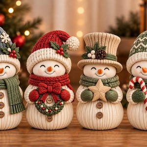 May include: Four decorative snowman figurines with textured white bodies, each wearing a unique hat and scarf. They feature orange carrot noses, brown button details, and hold festive items including a small tree, a wreath, a star, and a candy cane.