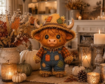May include: A plush Highland cow doll wearing a straw hat with colorful patches, a red and black plaid shirt, and blue denim overalls with patches. The doll has button eyes, a stitched mouth, and straw-like fringe on the hat and sleeves.