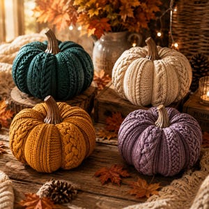 May include: Four decorative pumpkins featuring a textured knit fabric cover with cable knit patterns. The pumpkins are colored in dark teal, cream, mustard yellow, and muted purple, each topped with a brown stem, arranged as a seasonal display.