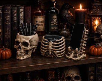 Skull Desk Organizer STL File Bundle | Gothic Desk Organizer 3D Print | Skull Pen Holder STL | Halloween Office Decor Download