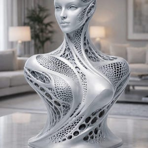 May include: A silver-colored sculpture of a female bust with an intricate, openwork design. The bust features a smooth face and neck, with a detailed, web-like pattern covering the head, shoulders, and upper torso. The sculpture is displayed on a marble surface.