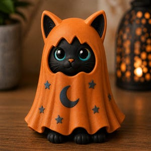 Könnte beinhalten: Eine Figur einer schwarzen Katze mit großen blauen Augen, die einen orangefarbenen Kapuzenumhang trägt. Der Umhang zeigt ein dunkles Mondsichelsymbol auf der Brust und mehrere dunkle Sternformen, die über den Stoff verteilt sind, mit sichtbaren Pfoten.