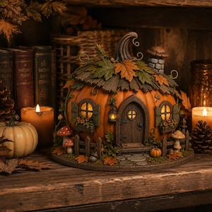Peut inclure: Une sculpture décorative en forme de maison citrouille, composée d'une citrouille orange sculptée avec une porte en bois, des fenêtres à volets, une cheminée en pierre et un toit de chaume orné de feuilles d'automne, entourée d'une clôture.