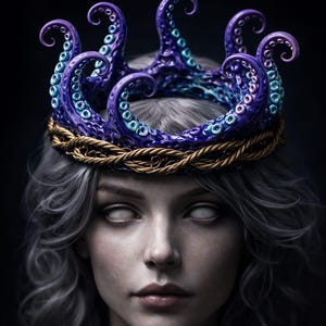 Può includere: Una donna con la pelle chiara e gli occhi bianchi che indossa una corona di tentacoli viola e blu con una fascia di corda dorata. La corona è il punto focale, su uno sfondo scuro. La donna ha i capelli grigi ondulati e un'espressione neutra.