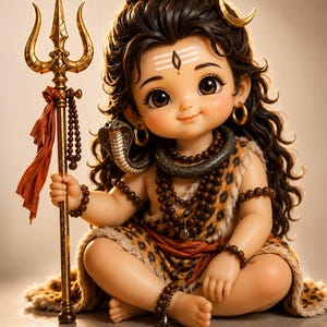 May include: A charming figurine of a deity, adorned with a golden trident and a snake around its neck. The figure wears a leopard-print garment and beaded jewelry. A crescent moon and a third eye mark the forehead. The overall design is detailed and colorful.