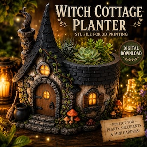 May include: A witch cottage planter featuring a dark stone house with a pointed roof, a wooden door, and glowing windows. The structure includes a cylindrical section for plants, decorated with vines, mushrooms, and a small cauldron. Text reads WITCH COTTAGE PLANTER, STL FILE FOR 3D PRINTING, DIGITAL DOWNLOAD, and PERFECT FOR PLANTS, SUCCULENTS & MINI GARDENS.