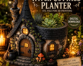 Witch Cottage Planter STL File | Halloween Fairy House Succulent Pot | Gothic Cottage 3D Print Model Download