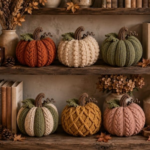 Puede incluir: Una colección de seis calabazas decorativas hechas de tejido de punto y ganchillo en varios colores, incluyendo naranja quemado, crema, verde salvia, amarillo mostaza y rosa empolvado, cada una con un tallo marrón y hojas verdes.