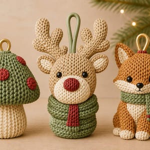 Op de afbeelding: Drie gehaakte ornamenten bestaande uit een groene paddenstoel met rode stippen, een beige rendier met een rode neus en groene sjaal, en een bruine vos met een groene sjaal. Elk ornament heeft een lusje aan de bovenkant en gedetailleerd stikwerk.