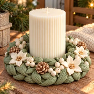 Peut inclure: Une grande bougie cylindrique et cannelée de couleur blanc cassé est placée au centre d'une couronne. La couronne est composée de feuilles vert sauge, de petites baies blanches, de pommes de pin brunes et de fleurs blanches à cœur doré.