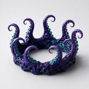 May include: A purple and teal octopus tentacle crown. The crown features multiple curled tentacles with suction cups, and a gradient of colors from deep purple to teal. The crown is a unique accessory.