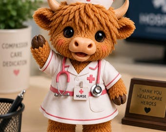 Nurse Highland Cow STL File | Cute Cow Figurine 3D Print Model | Nurse Appreciation Gift Download