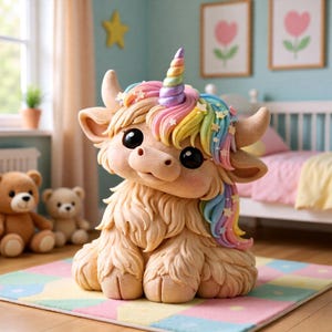 May include: A charming, tan-coloured Highland cow figurine, featuring a rainbow unicorn horn and mane. The figurine has large, black eyes and star decorations. It rests on a pastel rug, suitable for a child's room. The overall design is whimsical.