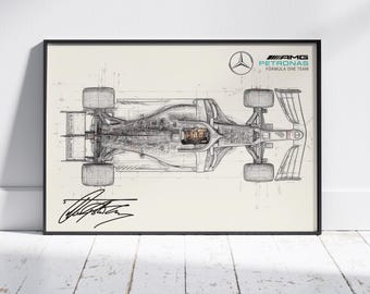 Formel 1 Racing Sketch Poster, Mercedes F1 Car Blueprint Wandkunst Druck, Motorsport Racing Decor, Geschenke für Ihn