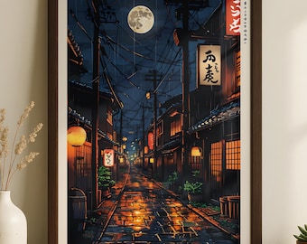 Rainy Kyoto Alley Art Print, Japanese Night Street Scene