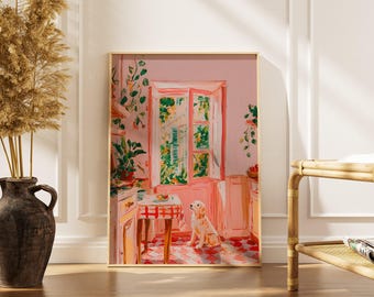 Matisse Wandkunst, Rosa Küchen Poster Druck, Hundewandkunst, bunte Boho eklektische Wohnkultur, trendige einzigartige botanische Schlafzimmerkunst