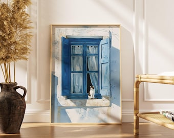Blaue Fensterkatze, Wandbild für Schwarze Katze, Fensterbild Aquarell, Schwarze Katze, Geschenk für Katzenliebhaber, druckbare oder gerahmte Kunst