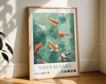 Yayoi Kusama Print Koi Fisch Kunst Poster im japanischen Stil, bunte Koi Teich Wandkunst, modernes Zen-Dekor, asiatisch inspirierte Illustration