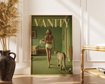 Vintage Tier Wandkunst, Eitelkeit Kunstdruck, Surreale Frau mit Gepard Poster, Mode Magazin, Ästhetik, Geschenke für Sie