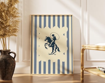 Vintage Western Cowboy Poster, Retro Blau Wandkunst, Pferde Lasso Illustration, Herren Büro Schlafzimmer Dekor, männliche Wandkunst