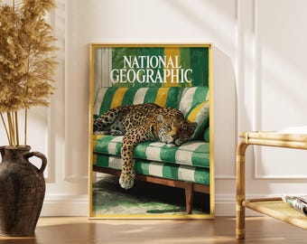 Leopard Wand Kunst Druck, Dschungel Katze Poster, Wildtier Illustration auf Grün Couch, Vintage Magazin Stil Dekoration, Safari Tier Kunstwerk Geschenk