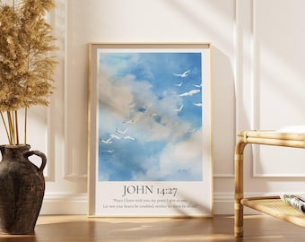 Johannes 14:27 Wandkunstdruck, christlicher Glaube Poster, Bibel-Vers-Dekordrucke, Aquarell Kunstdrucke, moderne christliche Schriftkunst