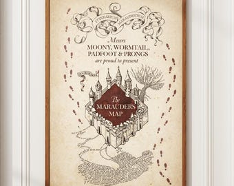 Harry Potter Marauder's Map Poster, Hogwarts Map Print, Zauberer Fußspuren Vintage Pergament Wandkunst