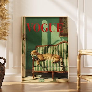 Arte mural de animales vintage, arte mural de revistas de moda, arte mural de leopardo, póster vintage, póster de moda, arte mural de animales, regalo para ella