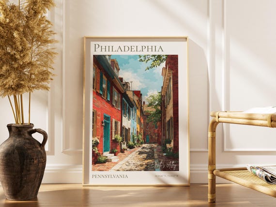Philadelphia Elfreth's Alley Watercolor Poster, Historic Old City Street Art Print, Pennsylvania Travel Wall Decor