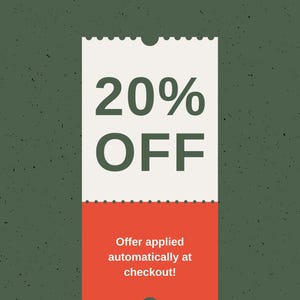 May include: A promotional graphic on a textured green background. The graphic features a white and red coupon design with the text "BUY 3 PRINTS GET 20% OFF". The bottom section of the coupon reads "Offer applied automatically at checkout!"