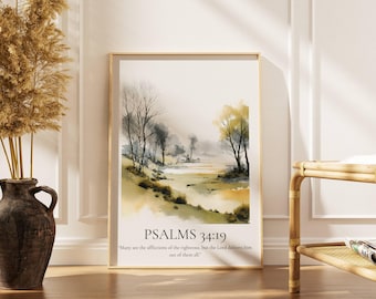 Psalm 34:19 Wandkunstdruck, christlicher Glaube Poster, Bibel-Vers-Dekordrucke, Aquarell Kunstdrucke, moderne christliche Schriftkunst