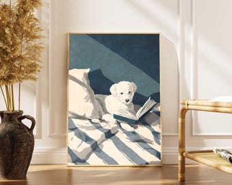 Bücherwurm Wand Kunst | Hund Wand Kunst | Marine-blaue Wand-Dekor | Wunderliches Welpen-Lesebuch-Schlafzimmer-Geschenk