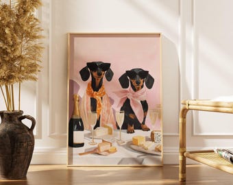 Hunde Dinner Party Kunstdruck, Hundekunst, Schrulliges Tierposter, Retro Wandkunst mit Hunden und Wein, lustiges Esszimmer oder Küchendekor