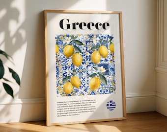Greece Lemon Print, Mediterranean Kitchen Wall Art, Blue Tile Artwork
