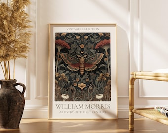 William Morris Style Motte Wandkunst, Vintage Botanischer Insekt Druck, Insekten Dekor, Dunkle Florale Natur Kunst