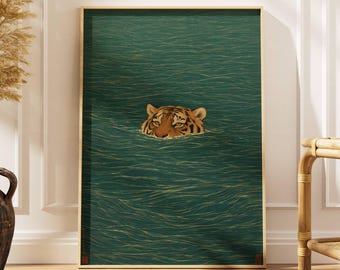 Japanischer Tiger Schwimmen Kunstdruck, Tiger Emerging Wandkunst Vintage Ukiyo-e Stil Wandkunst, asiatisch inspiriertes Tiger-Dekor, minimalistische Kunst