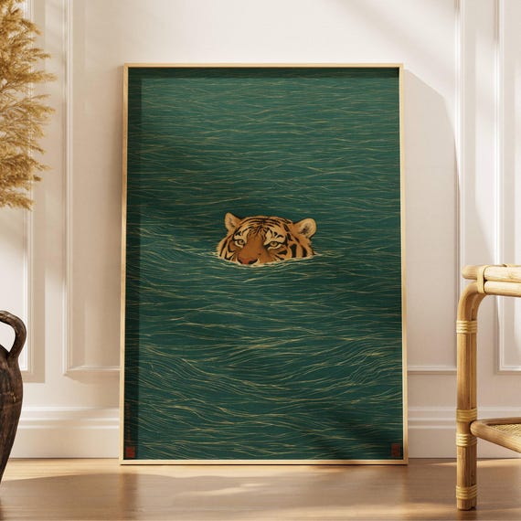 Japanese Tiger Swimming Art Print, Tiger Emerging Wall Art Vintage Ukiyo-e Style Wall Art, Asian Inspired Tiger Decor, Minimalist Art