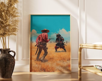 Vintage Western Cowboy vs Samurai Wand Kunst Druck - Americana Wandkunst - Japanische Wandkunst - Vintage Kunstdruck