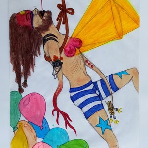 May include: A hand-drawn illustration of a person with long brown hair, wearing a red and yellow mask, blue and white striped shorts, and a yellow star on their leg. They are suspended by a rope tied around their chest, with a yellow triangle shape behind them. There are several colourful balloons at the bottom of the image.
