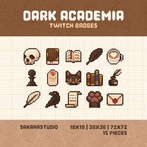 May include: Pixel art Twitch badges with a dark academia theme. The set includes a skull, books, a feather, a coffee cup, a chess piece, a cat, a scroll, a paw print, and an envelope. The badges are in brown and beige tones.