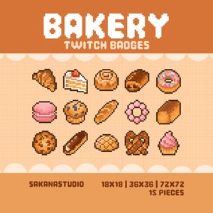 Cosy Bakery Sub-märken för Twitch | Pixel Art Bit-märken | Söta bakverk- och dessertikoner | Färdiga streamingresurser
