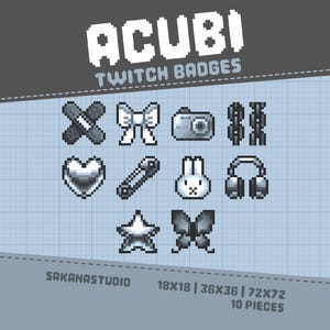 Acubi Grey Sub Badges for Twitch | Pixel Art Bit Badges | Cute Black, White, Chrome & Silver Icons | Premade Streaming Assets