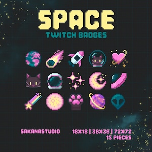 Insignias de suscripción espacial para Twitch / Insignias de bits de Pixel Art / Íconos adorables de planetas y galaxias / Recursos de transmisión prediseñados