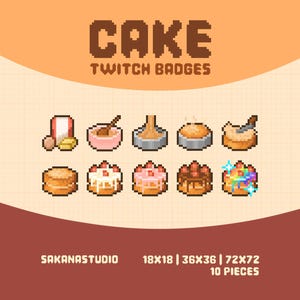 Può includere: Un set di badge Twitch a tema torta in pixel art. L'immagine presenta vari design di torte, tra cui ingredienti, ciotole per mescolare e torte finite con guarnizioni. Il testo "CAKE TWITCH BADGES" è visualizzato in alto. L'immagine include anche il testo "SAKANASTUDIO" e informazioni sulle dimensioni.
