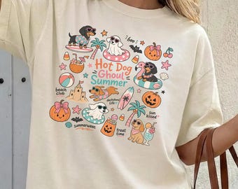 Dachshund Summerween Shirt, Hot Dog Ghoul Summer Tee, Spooky Beach Wiener Dog Gift, Comfort Colors Halloween in July Top for Doxie Mom