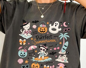 Comfort Colors Summerween Shirt Spooky Season Kittens Funny Halloween Countdown Tee Cat Lover Gift Vacation Shirt Witch Cat Surfer Halloween